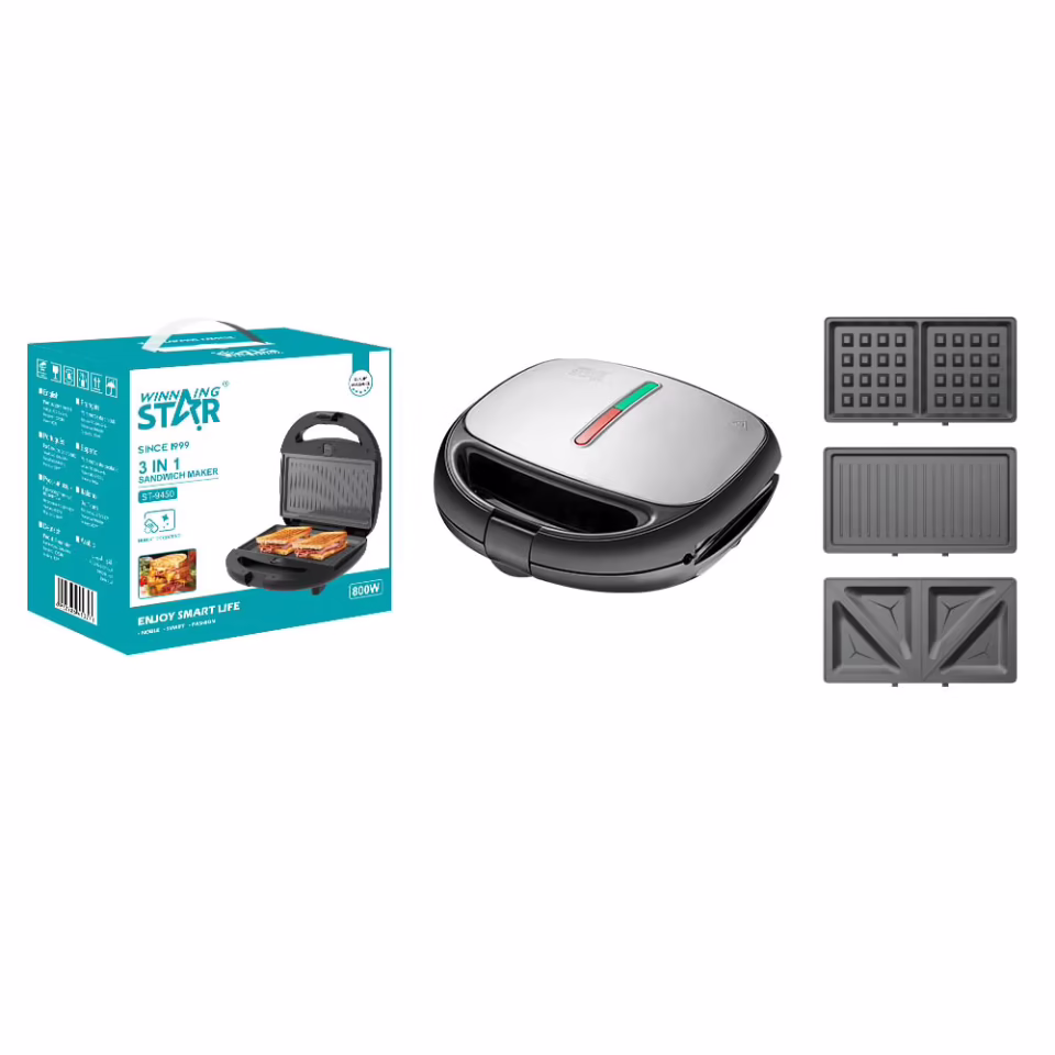 Winning Star 800 W 3‑in‑1 Çok Fonksiyonlu Sandviç & Waffle Makinesi