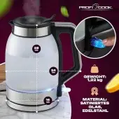 PROFICOOK Cam Işıklı Su Isıtıcı / Kettle (1,7 L, 2200 W)