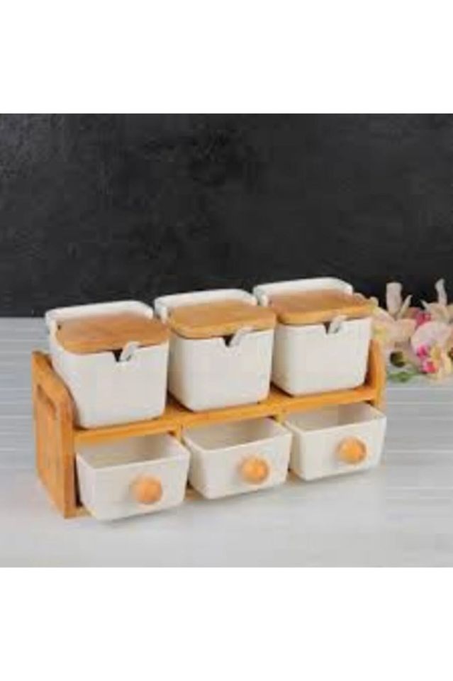 Porselen Massa 6lı Bambu Standlı Porselen Baharat Takımı