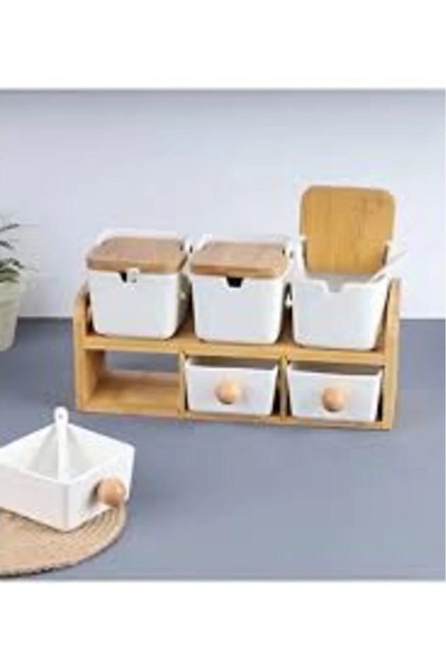 Porselen Massa 6lı Bambu Standlı Porselen Baharat Takımı
