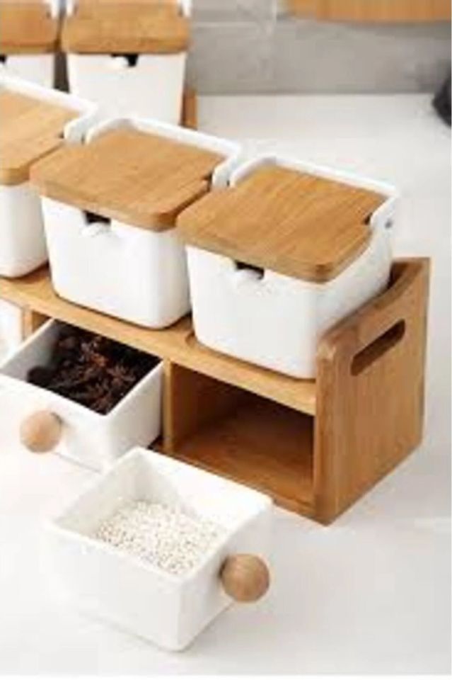 Porselen Massa 6lı Bambu Standlı Porselen Baharat Takımı