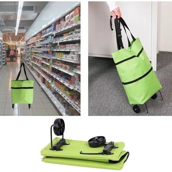 Katlanabilir Tekerlekli Pazar Arabası Pratik Katlanır Çanta Sepet Torba Market Alışveriş Çantası