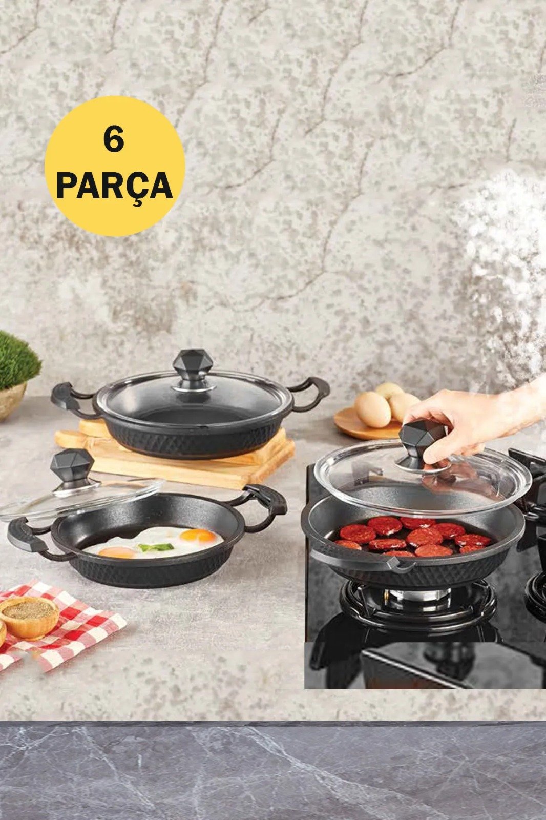 Kahramanlar 6 Parça Cam Kapaklı Sahan Seti Siyah